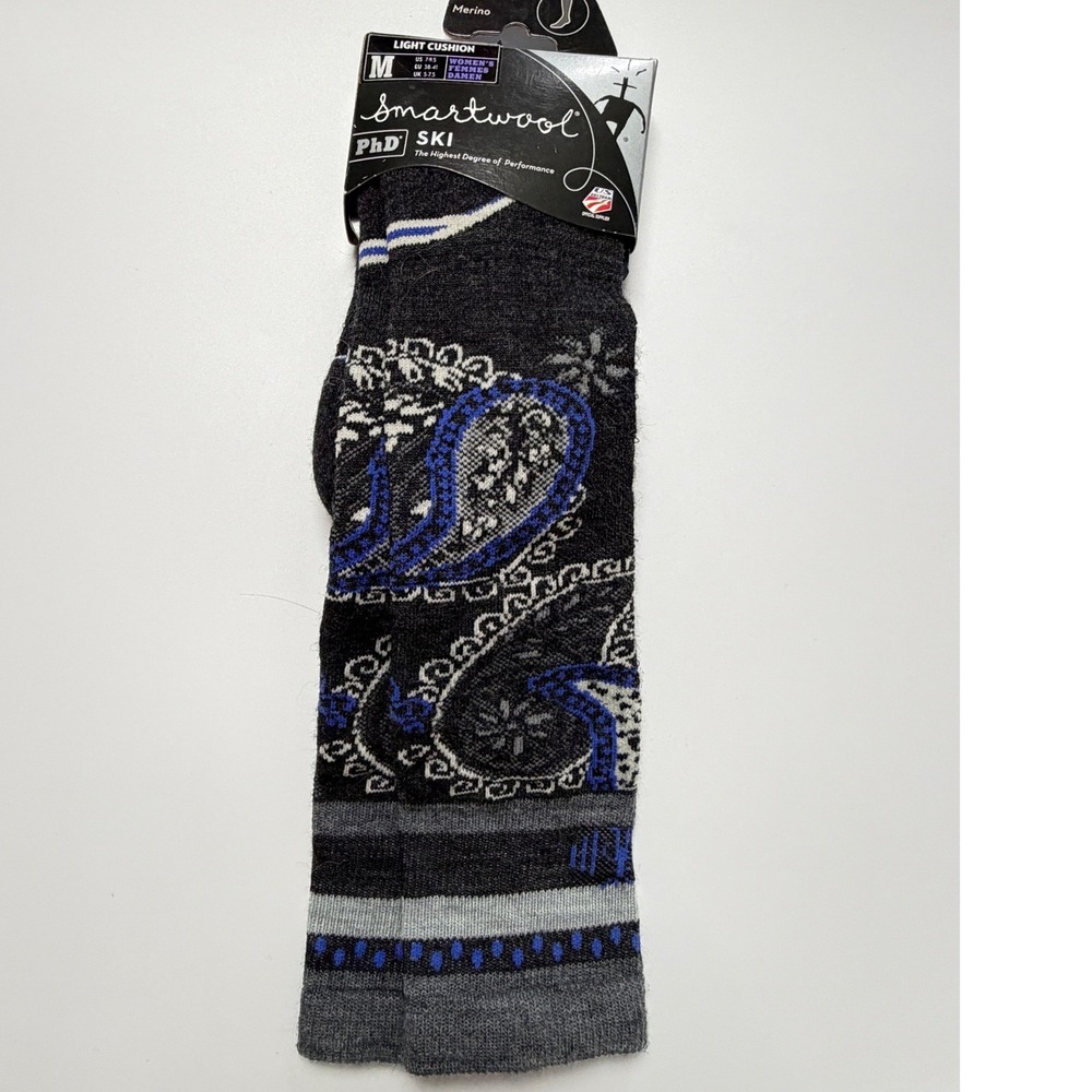 Smartwool PhD Ski Light Cushion Merino Wool Socks Womens Medium Paisley Charcoal